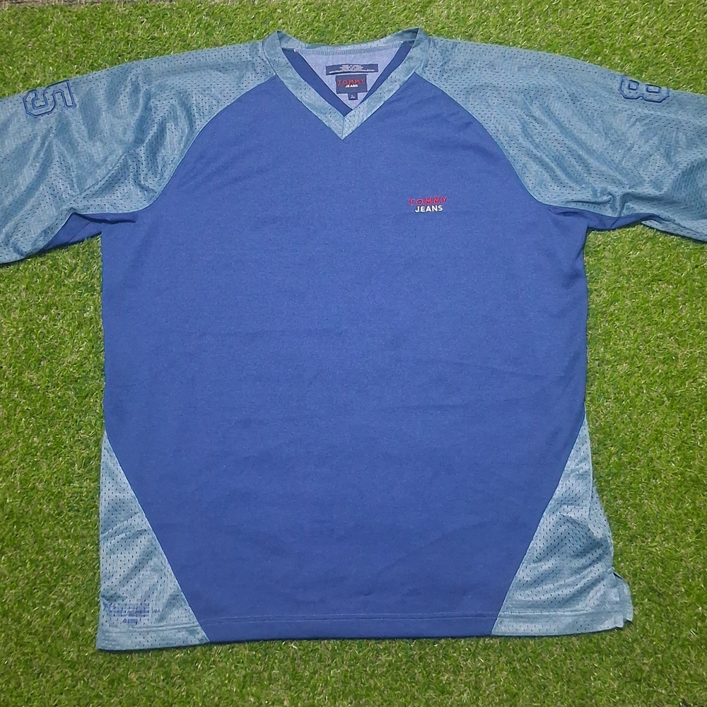 Vintage Tommy Jeans Blue and Teal V-Neck Soccer Jersey